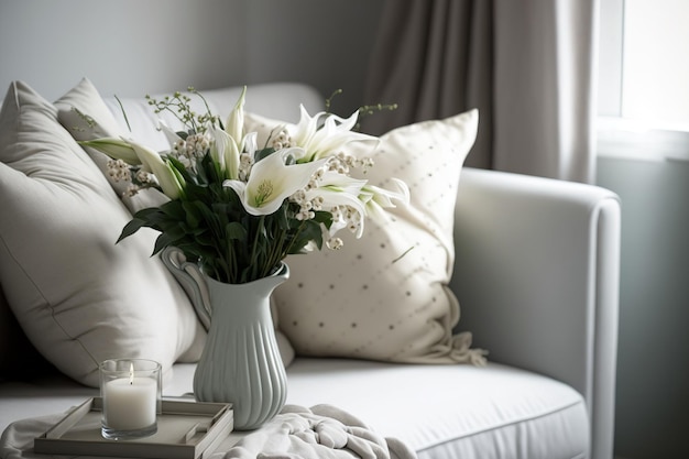 Dentro de casa uma mesa branca com flores