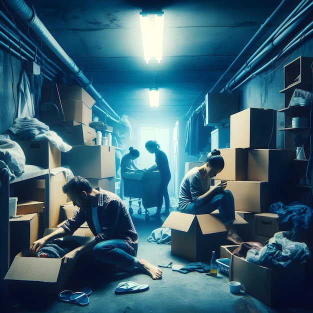 Foto dentro de um apartamento apertado, uma família embalou seus pertences em caixas sob o brilho áspero da gripe