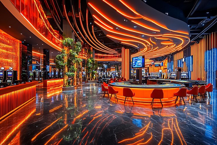 Foto dentro de um casino de hotel com máquinas caça-níqueis