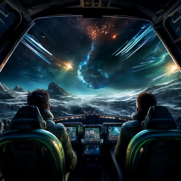 Foto dentro de um cockpit de foguete, os pilotos navegam através de um céu cheio de auroras, mundos alienígenas.