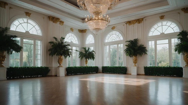 Dentro de um elegante salão de baile branco clássico salão de dança sala brilhante com algumas belas árvores verdes