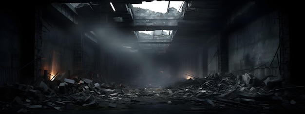 Dentro de um escuro e escuro edifício abandonado ou destruído, escombros de cimento e reforço de aço em desmoronamento.
