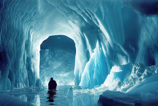 Foto dentro de uma caverna de geleira de um antigo galeão congelado