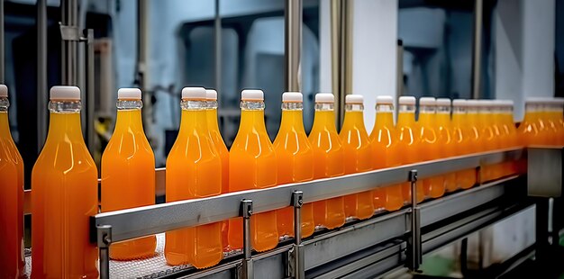 Dentro de uma fábrica de bebidas, uma correia transportadora transportando suco ou garrafas de água equipadas com tecnologia moderna