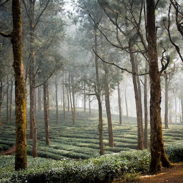 Dentro de uma floresta filmada durante o inverno Indian Forest Fog Tea Estate