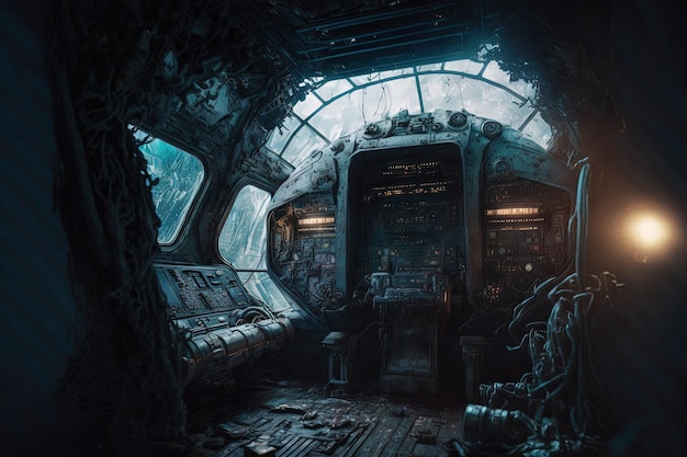 Dentro de uma nave espacial destruída interior cyberpunk com partes intrincadas evolução futurista scifi Generative Ai