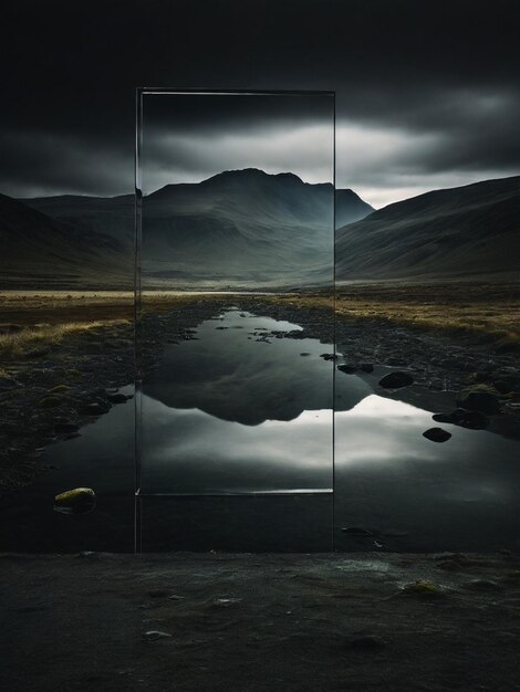 Dentro de uma sala escura e vazia há um espelho que reflete uma paisagem