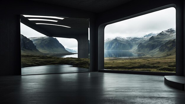 Dentro de uma sala escura e vazia há um espelho que reflete uma paisagem