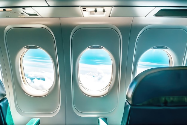 dentro do avião mostrar janelas fotografia profissional gerada por ai