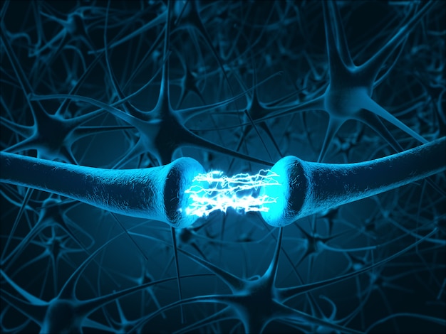 Dentro do cérebro. Conceito de neurônios e sistema nervoso. Renderização 3D