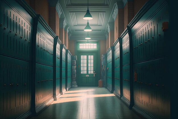 Dentro do corredor de uma escola completo com portas e armários