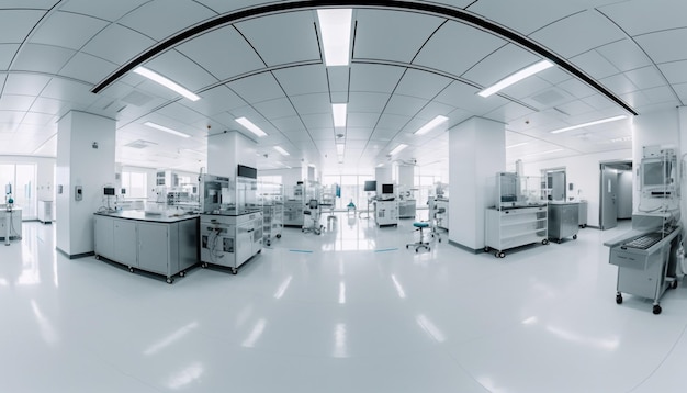 Dentro do laboratório moderno, a maquinaria de aço limpo reflete o design de arquitetura futurista gerado pela IA