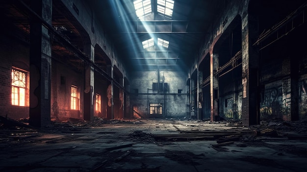 Dentro de un edificio abandonado o destruido envuelto en oscuridad y penumbra
