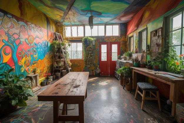 Dentro de un estudio de arte con vibrantes murales y pinturas en las paredes creadas con ai generativo