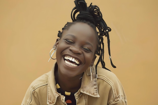 Dentro del estudio, una modelo sonriente y feliz con un cuerpo beige y una chaqueta de vaqueros.