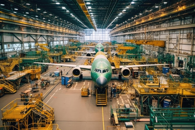 Foto dentro de la fábrica de aviones muchas máquinas generadas por ia