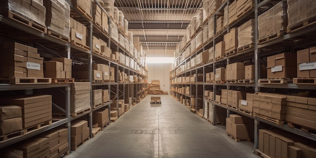Foto dentro de un gran almacén para distribución de mercancías y logística