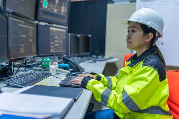 Dentro de la gran fábrica de la industria Ingeniera informática mujer trabaja en computadora personal Ella codificación programa para la máquina de controlThailandia la gente trabaja en cuatro monitores Programador trabajando con serios