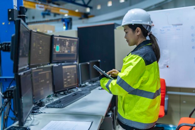 Dentro de la gran fábrica de la industria Ingeniera informática mujer trabaja en computadora personal Ella codificación programa para la máquina de controlThailandia la gente trabaja en cuatro monitores Programador trabajando con serios