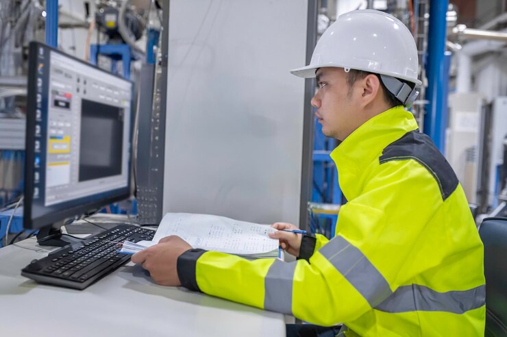Foto dentro de la gran fábrica de la industria ingeniera informática mujer trabaja en computadora personal ella codificación programa para la máquina de controlthailandia la gente trabaja en cuatro monitores programador trabajando con serios