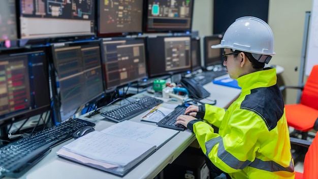 Dentro de la gran fábrica de la industria Ingeniera informática trabaja en computadora personal Ella codifica el programa para la máquina de control La gente de Tailandia trabaja en cuatro monitores Programador trabajando con serios