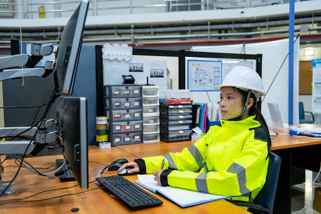 Dentro de la gran fábrica de la industria, una ingeniera informática trabaja en una computadora personal. Programa de codificación para la máquina de control. La gente de Tailandia trabaja en cuatro monitores.