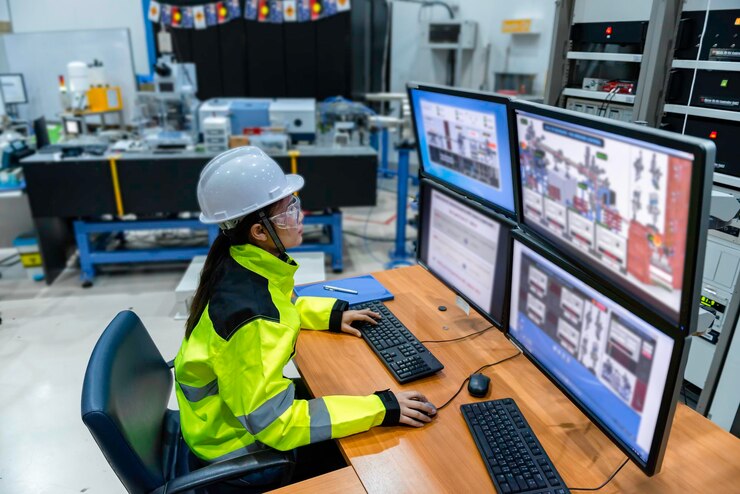 Foto dentro de la gran fábrica de la industria, una ingeniera informática trabaja en una computadora personal. programa de codificación para la máquina de control. la gente de tailandia trabaja en cuatro monitores.