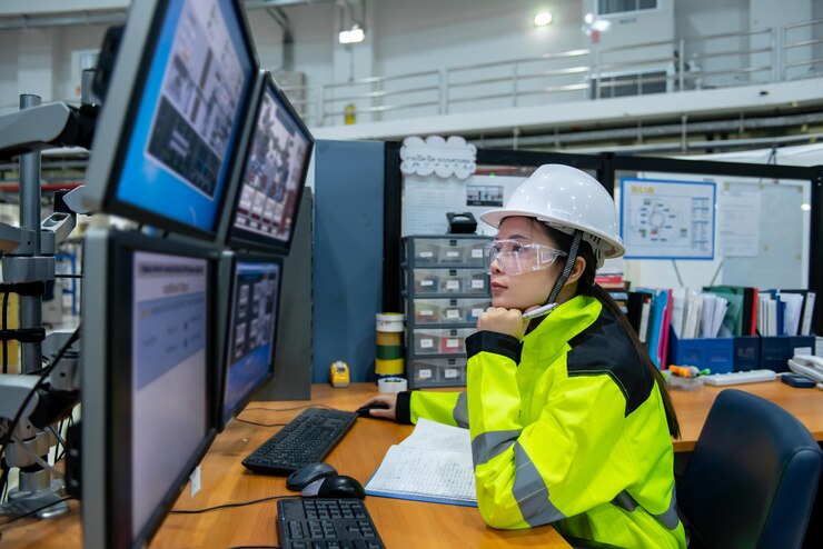 Dentro de la gran fábrica industrial, una ingeniera informática trabaja en una computadora personal. Ella programa de codificación para la máquina de control. La gente de Tailandia trabaja en cuatro monitores. Programador que trabaja con serios