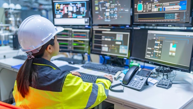 Foto dentro de la gran fábrica industrial, una ingeniera informática trabaja en una computadora personal. ella programa de codificación para la máquina de control. la gente de tailandia trabaja en cuatro monitores. programador que trabaja con serios