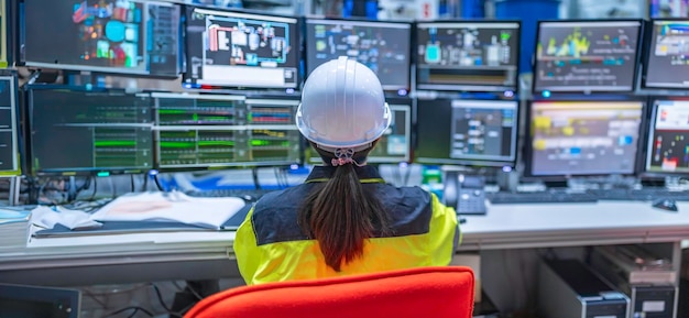 Dentro de la gran fábrica industrial, una ingeniera informática trabaja en una computadora personal. Ella programa de codificación para la máquina de control. La gente de Tailandia trabaja en cuatro monitores. Programador que trabaja con serios