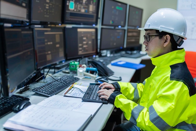Dentro de la gran fábrica industrial, una ingeniera informática trabaja en una computadora personal. Ella programa de codificación para la máquina de control. La gente de Tailandia trabaja en cuatro monitores. Programador que trabaja con serios