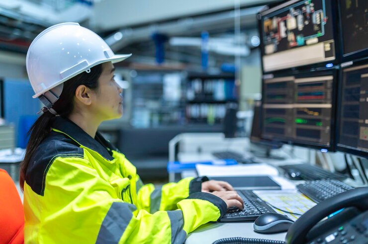 Foto dentro de la gran fábrica industrial, una ingeniera informática trabaja en una computadora personal. ella programa de codificación para la máquina de control. la gente de tailandia trabaja en cuatro monitores. programador que trabaja con serios