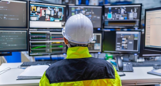 Dentro de la gran fábrica industrial, una ingeniera informática trabaja en una computadora personal. Ella programa de codificación para la máquina de control. La gente de Tailandia trabaja en cuatro monitores. Programador que trabaja con serios
