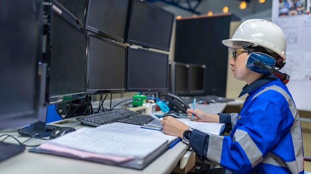 Dentro de la gran fábrica industrial, una ingeniera informática trabaja en una computadora personal. Ella programa de codificación para la máquina de control. La gente de Tailandia trabaja en cuatro monitores. Programador que trabaja con serios