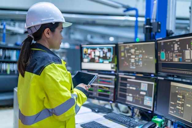 Dentro de la gran fábrica industrial, una ingeniera informática trabaja en una computadora personal. Ella programa de codificación para la máquina de control. La gente de Tailandia trabaja en cuatro monitores. Programador que trabaja con serios