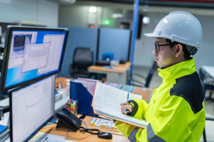 Foto dentro de la gran fábrica industrial, una ingeniera informática trabaja en una computadora personal. ella programa de codificación para la máquina de control. la gente de tailandia trabaja en cuatro monitores. programador que trabaja con serios