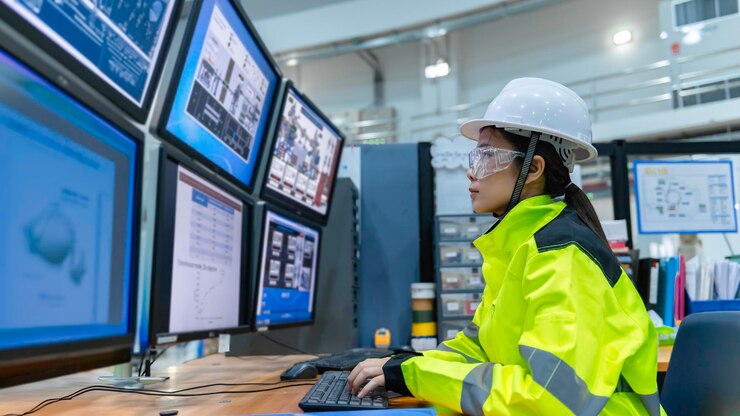 Dentro de la gran fábrica industrial, una ingeniera informática trabaja en una computadora personal. Ella programa de codificación para la máquina de control. La gente de Tailandia trabaja en cuatro monitores. Programador que trabaja con serios