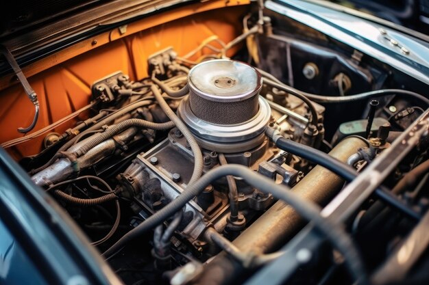 Foto dentro del motor del capó del coche antiguo fotografía profesional generado por ia