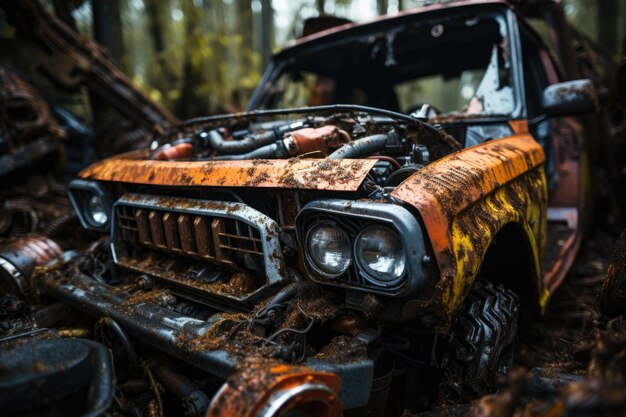 Dentro del motor oxidado del espectáculo del capó del coche