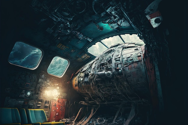 Dentro de una nave espacial naufragada cyberpunk interior con partes intrincadas scifi evolución futurista Generative Ai