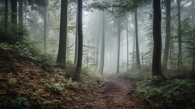 Dentro de las profundidades del bosque misterioso, una niebla efímera baila entre los árboles creando un paisaje encantador y en constante cambio Generado por IA