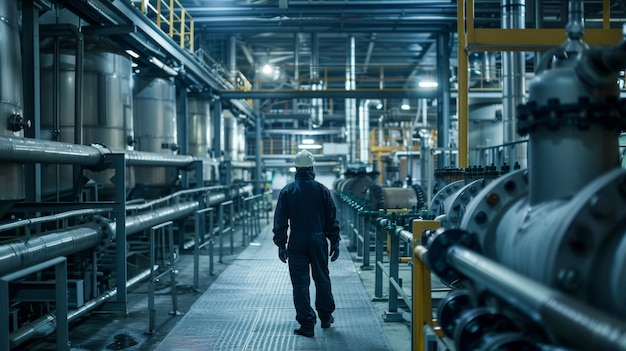 Dentro de la refinería un equipo de trabajadores dedicados con equipo de protección están cuidando cuidadosamente las filas de