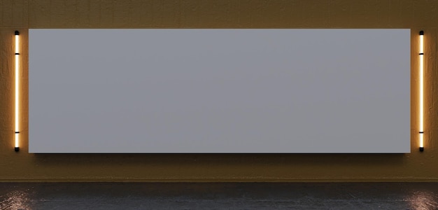 Dentro de una sala de exposiciones de hormigón con iluminación moderna y pancartas en blanco con representación 3D oscura