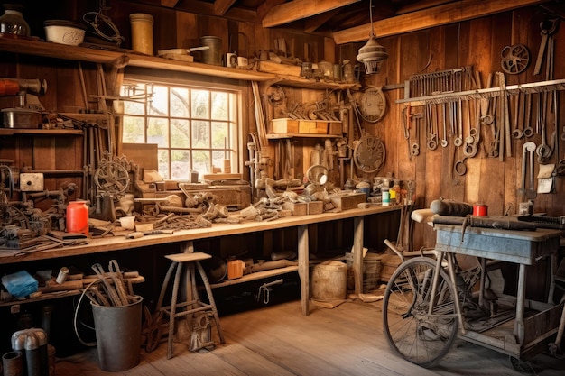 dentro del taller tradicional de reparación de bicicletas con material y equipo fotografía profesional