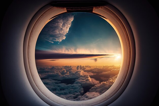 Dentro de la ventana del avión bajo la nube del amanecer Hecho con IA generativa