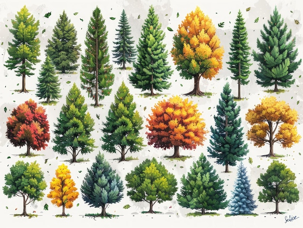 Foto deodar cedar una colección de ilustraciones modernas de árboles ia generativa