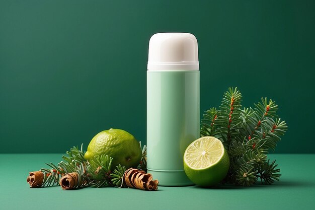 Foto deodorante en blanco ramita de abeto y cal sobre fondo verde