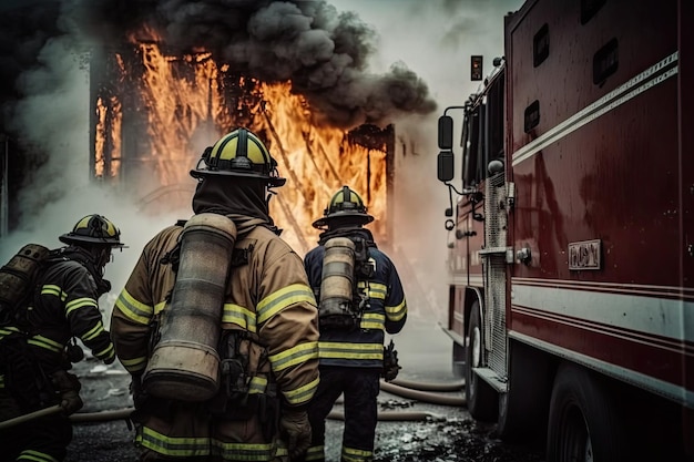 Departamento de bomberos con bomberos apagando rápidamente el fuego en un edificio en llamas