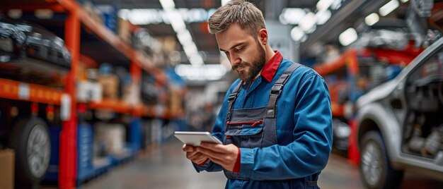 Dependiendo del mes, los mecánicos de automóviles examinan la condición de los vehículos usando la tableta, el técnico hace una comprobación.