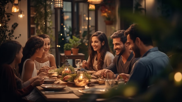 Depois de jejuar uma família está tendo iftar feliz juntos comida desfrutar de IA generativa